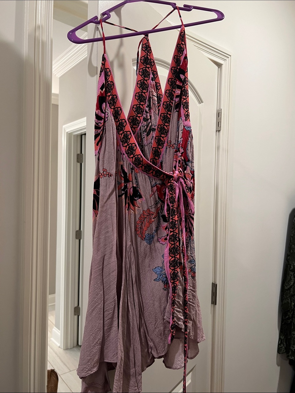 Free People Lavender Wrap Mini Dress with Pink and Black Floral Trim